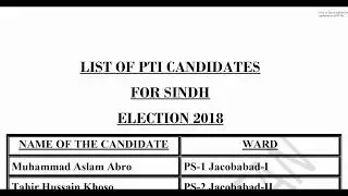 List of PTI Ticket Holders For Sindh Assembly | PAKISTAN | ELECTION 2018