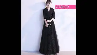 Floor-length Black Tulle V-neck Invisible Zipper Back Long Sleeves Formal Dress With Sequines/Sashes