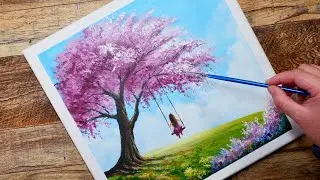 How to Paint a Girl on a Swing under Cherry Blossom Tree with Acrylics | Easy Art for Beginners