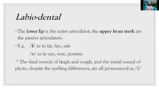 Description of consonants: Place of articulation
