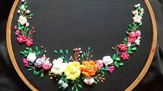 Hand embroidery/Ribbon embroidery flowers/Neckline embroidery design.