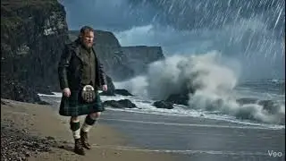 Scotsman Walking Wearing Kilt On Killantringan Bay On Winter History Visit To Galloway Scotland