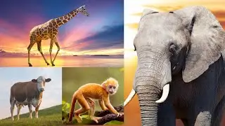 Lets Learn the names of cute diurnal animals in Zoo - Giraffe, Elephants, Cow, Monkey, Chicken, Duck