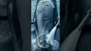 Diver gently removes barnacles from humpback whale's skin underwater