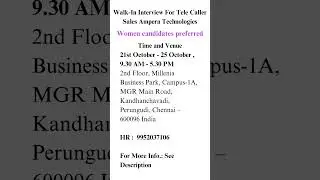 Walk-In Interview For Tele Caller Sales Ampera Technologies