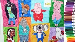 Illumination Sing coloring pages color Buster, Johnny, Gunter, Ash 3 | speed coloring tutorial