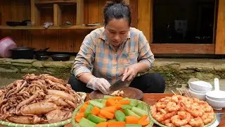 Rustic Outdoor Meal: Fried Shrimp, Grilled Squid & Boiled Vegetables