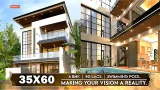 Проект дома 35x60 3D | Площадь 2100 кв. футов | 6 спален | Ультрасовременный дизайн | Бассейн | 10,5 x18 метров