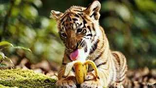 Imagine Tiger Cub eating banana in jungle.
