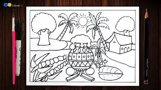 Easy Pongal Festival Drawing Competition for School Students | Pongal Landscape Drawing