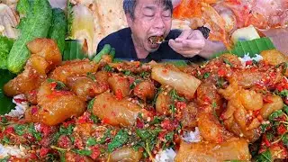Village food challenge spicy chicken mix masala curry with rice @chachachini-b8e green vegetables 