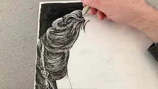 ASMR Pen & Ink Crosshatching Drawing | Victorian Woman | Hair Details & Black Background