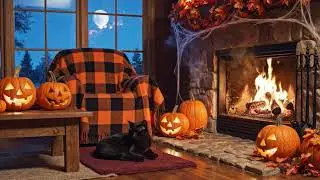 Cozy Halloween Ambience with Crackling Fireplace & Cat Purring | Static Scene for Study & Focus