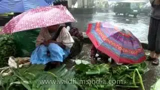 Cherrapunji Market with fresh fruit and LOTS of rain and umbrellas!