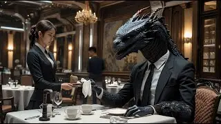 Human waitress hands napkin to Dragon Boss — It reads “Smile. Sniper above Sci-Fi Stories Today
