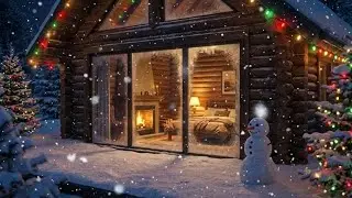 Christmas Lights at the Snowy Cabin | Cozy Fireplace Ambience for Winter Night
