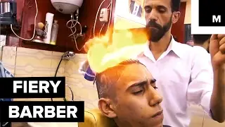 This barber cuts hair with fire
