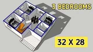 32x28 में 3 बैडरूम वाला सबसे अच्छा नक्शा || 3 bedrooms house plan || 32x28 house plan || 3d house