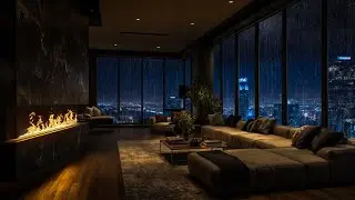 Luxury Living Room on a Rainy Night in Seoul | Fireplace help Relieve Fatigue & Anxiety Tonight