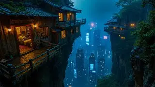 Wooden House on the Cliff | Warm Lights in a Cyberpunk Neon City | Mystical Sci-Fi Space | 4K