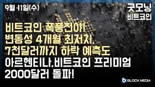 [굿모닝 비트코인] 0911 비트코인 폭풍전야, 7000달러까지 붕괴 가능한가? 아르헨티나 정쟁 불안에 비트코인 프리미엄 2250달러