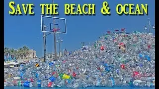 thousands of empty plastic bottles on a basketball court