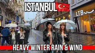 Istanbul Winter Rainy Windy City Life 4K Walk: Taksim Square & Istiklal | Street Food & Shops 2026