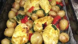 Curried chicken & potato traybake