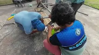 Floating Bench Completion  Painted Metal, Raw Wood, Teamwork in Action