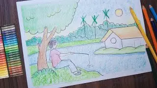 Village Fishing Scenery | River Village Drawing | Easy Pencil Scenery Drawing