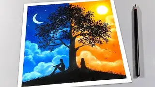 Easy Day Night Drawing for Beginners / Simple Couple Pastel Color Drawing