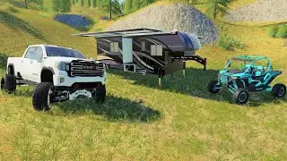 We go camping and mudding in the mountains with our new GMC and Polaris RZR | Farming Simulator 19