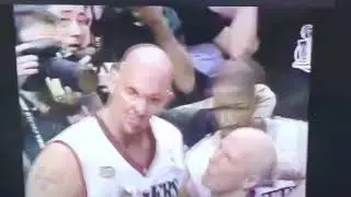 Shaquille O&rsquo;Neal and Matt Geiger go face to face after the foul call.