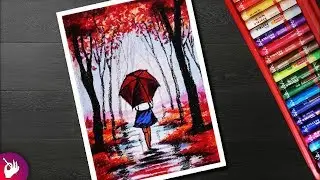 Rainy season scenery drawing for beginners with oil pastel - Girl in rain