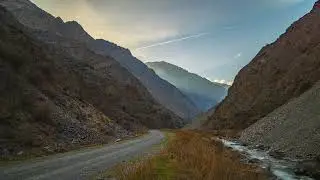 Time-lapse of Mountain Valley Road in Kyrgyzstan Spring Evening