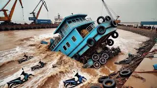5 Free Floating Barge Ships hits Bridge Caught On Camera