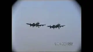 RAF Bentwaters, 19th May 1992. A-10s, F-15s & Hawks on R/W 05 end. F-15s  in with the trees.