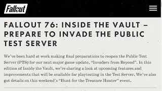 ITV - ALIENS, Next Update Details Revealed, PTS Reopens Now - Fallout 76