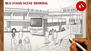 Bus stand scene drawing easy | draw a bus stand