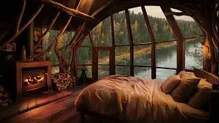 Heavy Rain Sounds in a Cozy Wooden Cabin Bedroom with Fireplace for Deep Sleep and Relaxation