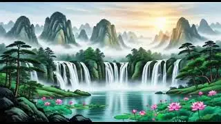Lotus flowers bloom in a peaceful pond with misty mountains, waterfalls, and sunny skies