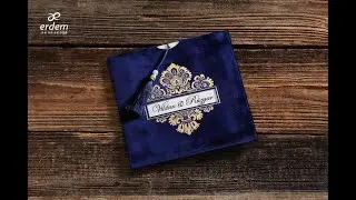 Navy Blue Velvet Wedding Invitation, Gold Foil Wreath Envelope, Elegant, Square Luxury Wedding Card