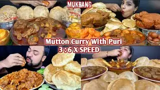 ASMR : Eating Spicy🔥 Mutton Curry Chicken Curry Egg Curry With Puri Bhature Challenge Mukbang 🥵
