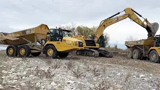 Caterpillar 352 & Caterpillar 730 Articulated Haul Trucks Working On River Bed - Interkat SA - 4K