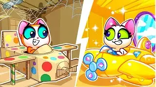 Cardboard & Fluffy Makeover | Rich VS Poor Airplane | Songs for Toddlers | Purr-Purr Stories