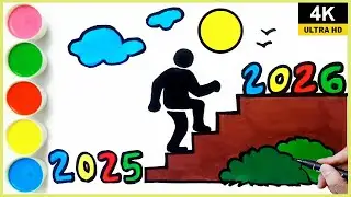 Happy New Year 2026 Drawing &ndash; New Year Scenery Drawing and coloring Step by Step #NewYearScenery  🎉💖