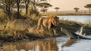 Lion Protects Cub as Crocodile Appears!  (Realistic Short)