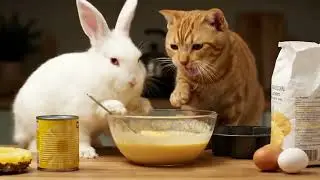 The Ultimate Baking Duo: A Cat and a Rabbit Make a Pineapple Cake