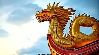 A mighty golden dragon statue under a blue sky