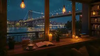 Rainy Night in NYC 🌧️ Brooklyn Bridge View Cozy Jazz | Soft Piano Rain Sounds for Study & Sleep